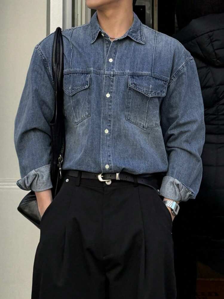 Men's Vintage Washed Blue Denim Jacket, Autumn