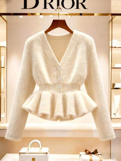 Franclia New Beige Fluffy Knit Cardigan, V-Neck Single-Breasted, Ruffle Hem, Waist Cinched, Soft Fuzzy Fabric, Fluffy & Flattering, Sweet & Vintage Style, Suitable For Spring Dates, Campus, Daily Wear, Petite & Slimming White Cardigan Woman Peplum Tops For Women Peplum Blouse Cute Cardigan Winter Clothes For Women Sweaters Peplum Cardigan
