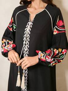 Al Najma 女士撞色复古风长袖土耳其长裙和阿拉伯传统罩袍 - 黑色 - 查看 6