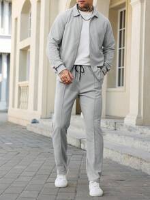 Manfinity Homme Men's Loose Fit Solid Color Casual 2 Pieces Set Casual Two Pieces Set Men Men's 2 Pieces Leisure Suits Men Suit Set Grey Big And Tall Men Men Sweatsuit Set Men Joggers Suit - Grey - View 3