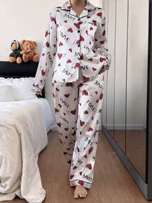 SHEIN 仿丝绸心形字母印花翻领长袖睡衣套装，冬季服装 - 白色 - 查看 6