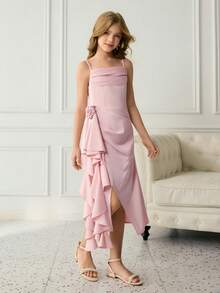 Elegantes Blumenmädchen-Kleid für Abschluss, Hochzeit, Ball, geeignet für Halloween, Weihnachten, Shrimp-rosa Satin 3D Blumen Träger Midi-Kleid für Tween-Mädchen, modisches Prinzessinnen-Kleid mit offenem Schlitz und Volants für den Schulanfang - Pink - Übersicht 1