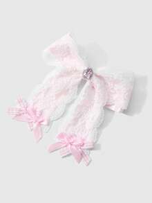 ROMWE Kawaii 1pc Minimalist Elegant Champagne Shiny Mesh Ribbon Faux Pearl Bow DIY Hair Clip, Suitable For Women & Girls Daily Wear, Holiday Gift - Baby Pink - View 4