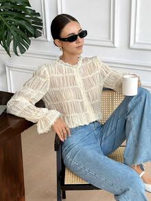 Serisse 女士纯色常规肩部喇叭袖衬衫，法式成熟优雅立领荷叶边衬衫，3D刺绣褶皱设计，复古宫廷风长袖上衣，时尚优雅，女士上衣，春季女装，春假白色薄纱上衣奶油色休闲衬衫 - 米色 - 查看 7