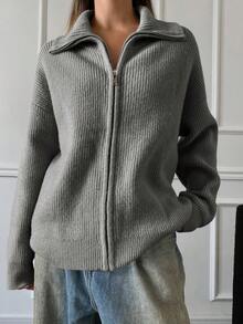 DAZY Cardigan à col roulé ample et unicolore à manches longues avec fermeture éclair pour femmes - Gris - Voir 6