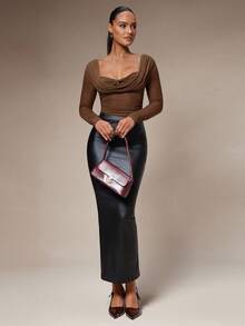 Silquee 女士优雅钥匙孔领褶皱修身衬衫，春、夏、秋季时尚之选 - 棕色 - 查看 4