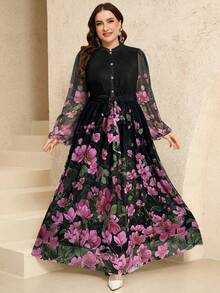 Veilorie Plus Size Elegant Floral Print Dress For Party - Black - View 6