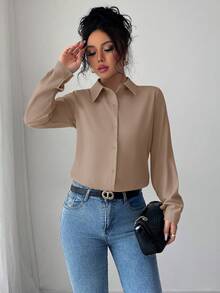 Elenzga 1pc Women's Solid Color Front Button Long Sleeve Elegant Blouse