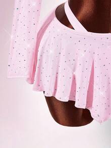 Amplova 2pcs/Set Sequin Detail Sexy Tight Fit Long Sleeve Crop Top & Tight Fit Inverted V Mini Skirt Mesh Two Piece Set Pink Two Piece Outfit - Pink - View 6