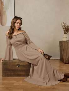 Zelara Vestido de moda de manga larga con cuello cuadrado y abertura lateral para mujer de talla grande - Albaricoque 2 - Ver 6