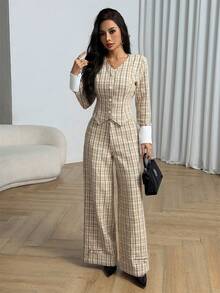 Modelyn Women's Yellow Long Sleeve Tweed Cinched Waist Jacket And Straight Leg Pants - Yellow - View 3
