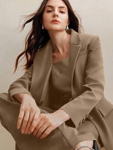 Anewsta Conjunto de traje de negocios de inspiración vintage para mujer - Blazer y pantalones de pierna ancha - Caqui - Ver 5