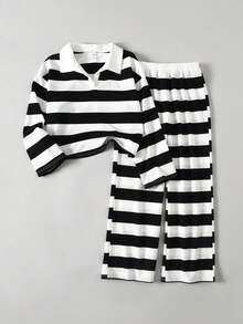 Ontre Tween Girl Black & White Striped Patchwork Collar Sweatshirt & Pants Casual Outfit - Black and White - View 6
