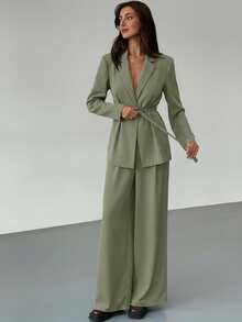 Aloruh 女士简约纯色翻领系带西装外套搭配阔腿裤套装，适合工作和通勤，春秋季穿着。 - 薄荷藍 - 查看 4