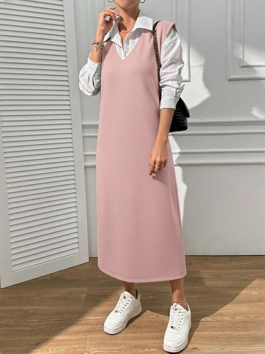 EURMUSE V Neck Sleevless Midi Dress With Slit - Dusty Pink - View 1