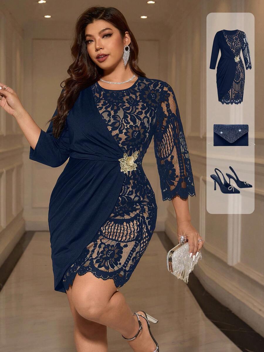 Ellevyn 大码蕾丝拼接圆领优雅薄纱连衣裙 - 藏蓝色 - 查看 1