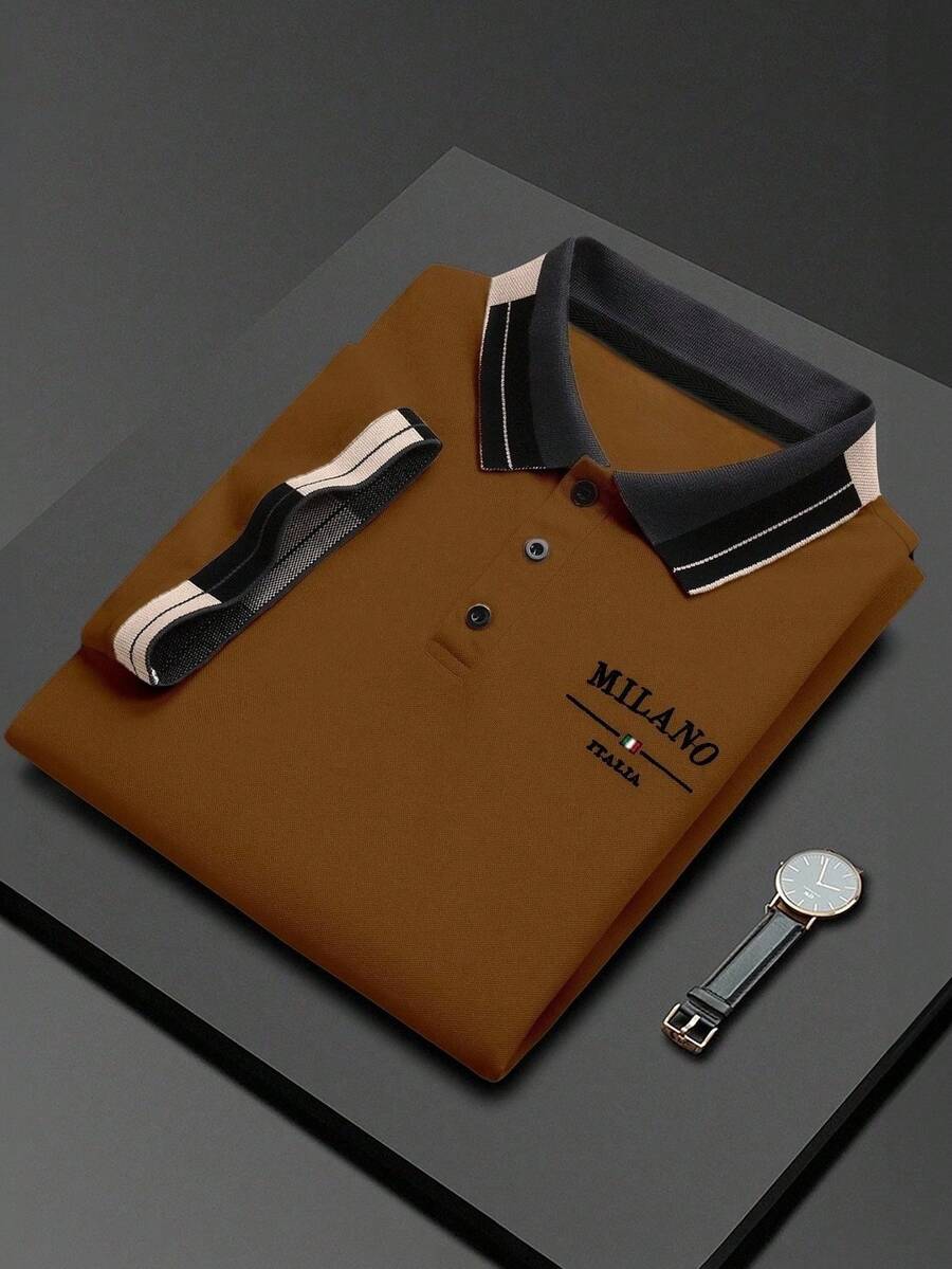 Manfinity Bizformal 男士串珠刺绣罗纹领短袖休闲Polo衫 - 棕色 - 查看 1