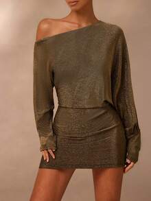 Glamine 女士优雅派对时尚闪亮性感紧身不对称肩部连衣裙 - 墨綠色 - 查看 4