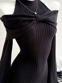 Elamini 女士黑色纹理露肩蝴蝶结装饰性感修身短连衣裙，秋冬款