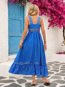 Vivid Eden Váy suông chữ A họa tiết hoa ren hoa trơn màu đơn giản cho nữ - Màu xanh lam - Xem 2