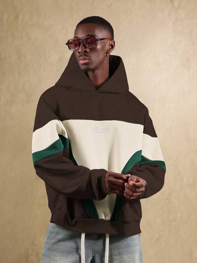 Oversized Color Block Hoodie With Chest Embriodery