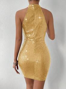 Glamine Charm Halter Neck Ruched Sequin Bodycon Dress For Holiday Party Clothes - Yellow - View 2