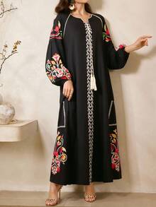 Al Najma 女士撞色复古风长袖土耳其长裙和阿拉伯传统罩袍 - 黑色 - 查看 5