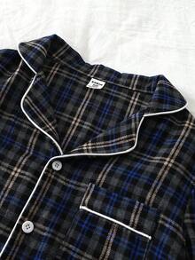 Tween Boys Pajamas-2 Pieces Pajama Set Plaid Navy Blue Green Classic Notched Collar Button Front Long Sleeve Top Chest Pocket White Piping Long Pants Elastic Waist Cozy Bedroom Lounge All Season 2026 Holiday Essential