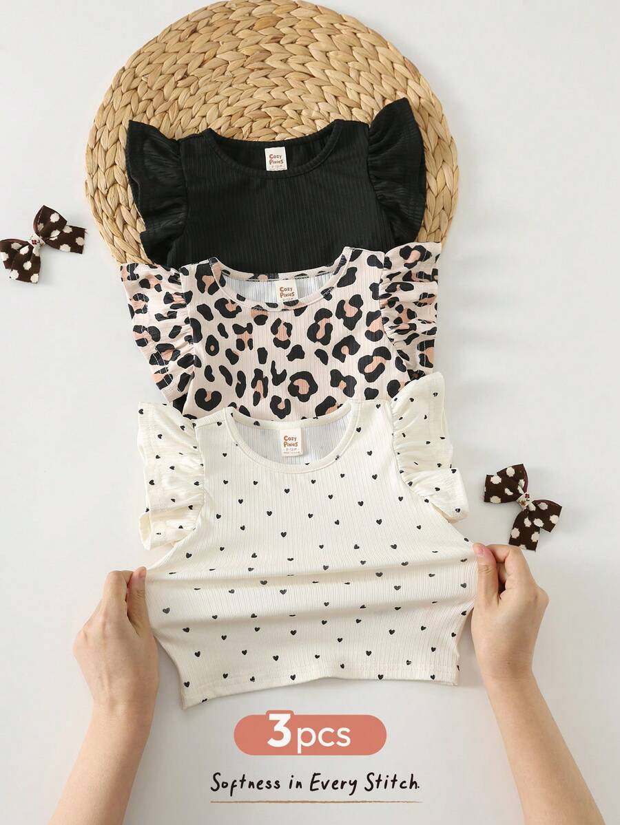 Cozy Pixies 3pcs Baby Girl Leopard Heart Pattern Knitted Soft Crew Neck Cap Sleeve Pullover Top Set Toddler Top Girl Leopard Toddler Top Girl Animal Print Toddler Animal Print Clothes Toddler Cute Toddler Tops - Multicolor - View 1