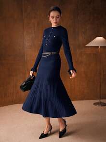 MOTF PREMIUM 2PCS WOOL BLEND FITTED TOP & A-LINE MIDI SKIRT SWEATER SET, AUTUMN/WINTER - Navy Blue - View 7