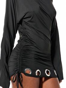 SUMWON WOMEN Off Shoulder Jersey Mini Dress With Metal Eyelet Details Long Sleeve Ruched Drawstring Bodycon Style For Night Out Party Clubwear - Black - View 4