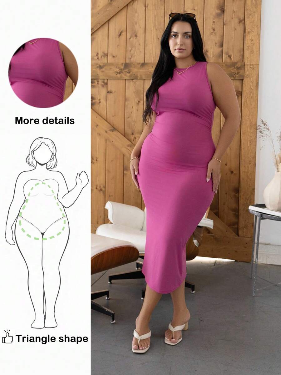 Truni Kích thước lớn Dệt kim Màu thuần Váy bodycon - Màu Hồng Tươi - Xem 1