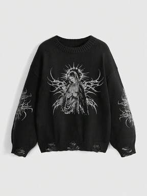 Grunge Punk Women's Punk Vintage Virgin Mary & Thorn Print Distressed Crew Neck All-Match Pullover Sweater