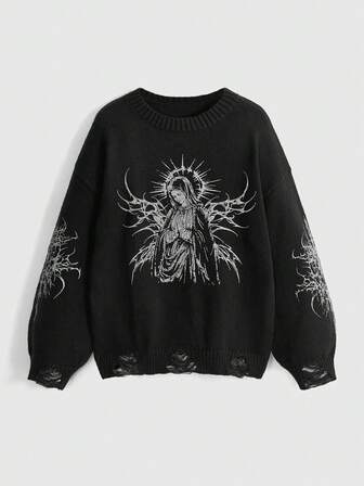 Grunge Punk Damen Punk Vintage Jungfrau Maria & Dorn Muster Destroyed Rundhals Allround Pullover