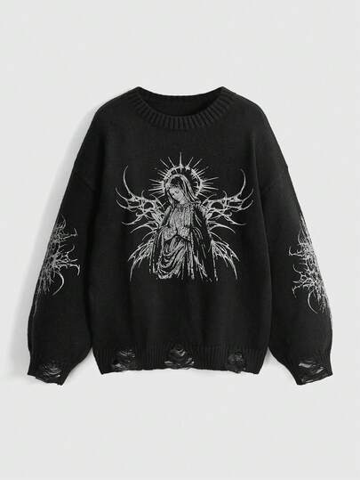 Grunge Punk Suéter de cuello redondo a juego con estampado vintage de la Virgen María y espinas, estilo punk y desgastado, para mujer