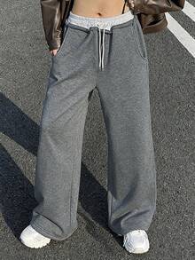 DAZY Women's Fleece Patchwork Contrast Color Elastic Waist Drawstring Casual Sports Pants, Autumn/Winter Y2k - Grey - View 2