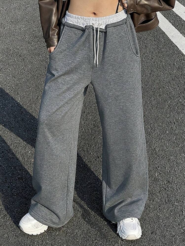 Women's Fleece Patchwork Contrast Color Elastic Waist Drawstring Casual Sports Pants, Autumn/Winter Y2k