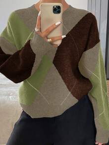 DAZY Plaid Loose Fit Long Sleeve Crew Neck Sweater For Women - Green - View 3