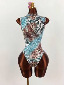 Amplova Women's Tight Bodysuit With Wide Top, Narrow Bottom, Spaghetti Straps, Square Neckline, Lace Cup Inserts, Leopard Print - Multicolor - View 2