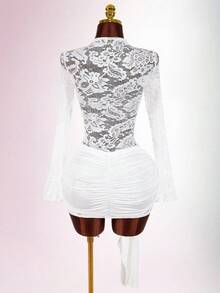 Amplova Áo ren nữ, váy ôm sát mini viền rút màu đỏ cổ điển, phong cách Boho cho tiệc tùng - trắng - Xem 2