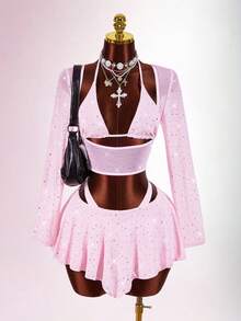 Amplova 2pcs/Set Sequin Detail Sexy Tight Fit Long Sleeve Crop Top & Tight Fit Inverted V Mini Skirt Mesh Two Piece Set Pink Two Piece Outfit - Pink - View 3