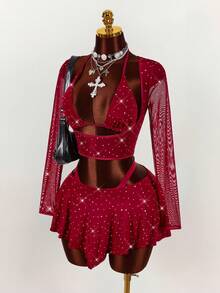 Amplova 2pcs/Set Sequin Detail Sexy Tight Fit Long Sleeve Crop Top & Tight Fit Inverted V Mini Skirt Sexy Two Piece Club Outfit Club Two Piece Set Sparkly Two Piece Set Mesh Two Piece Set Red Two Piece Set Vacation Outfits Women Y2K Valentine's Day - Burgundy - View 7