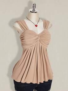 SHEIN ICON 大码女式黑色扭结前襟无袖娃娃衫针织上衣，Y2K风格，适合毕业典礼、返校季、夏季穿着 - 卡其色 - 查看 7