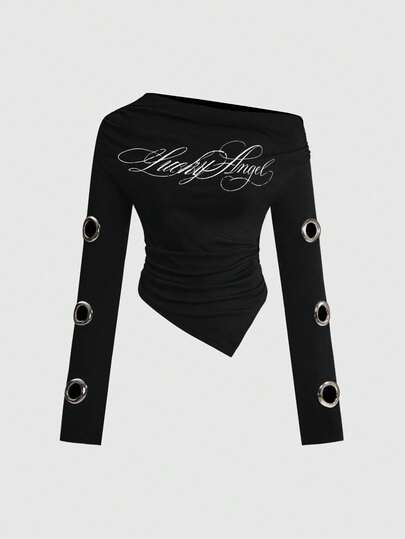 J-Fashion Y2K Streetwear Casual Oblique Shoulder Long Sleeve Rhinestone Decor T-Shirt For Women