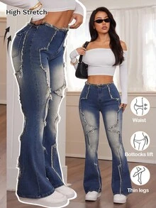 SHEIN ICON Jeans de pierna acampanada con efecto desgastado y ajuste delgado para mujer - Azul - Ver 8