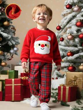 SHEIN Playful Pals Conjunto de moletom de gola redonda em fleece grosso com bordado de Papai Noel em cores contrastantes para meninos + calça xadrez vermelha clássica, ideal para o inverno, festas, comemorações, encontros familiares e uso casual.