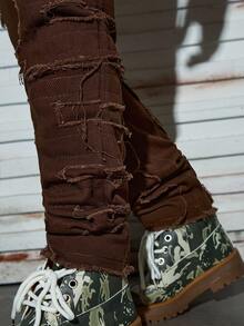 Modcrash 男士时尚做旧牛仔裤，创意流苏设计，简约风格，适合日常休闲穿着，春夏Emo风 - 咖啡棕 - 查看 8