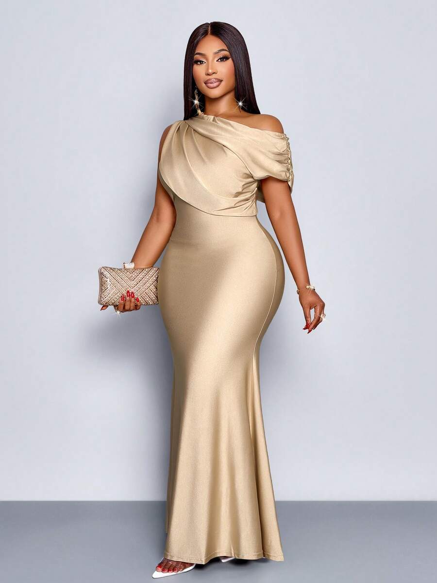 SOLERSUN Women's Plus Size Wedding Party Elegant Apricot Knitted Shiny Fabric Asymmetric Off-The-Shoulder Sleeveless Splicing Receive Waist Slim Fishtail Skirt Long Dress,Maxi Dress,Elegant Dress For Women,Party Dress,Formal Dress,White Dress,Luxury Evening Dress For Women,Wedding Guest Dress,Beige Dress,Christmas,Summer,2026,New Year,Chinese ,Valentine,Sexy,Vacation