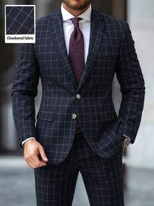 Manfinity Bizformal Navy Blue Plaid Business Formal Suit Set For Men - Navy Blue - View 4