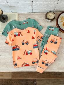 4 buc/set pijamale pentru băieți, model de mașină cu desene animate, tricotate, casual, cu guler rotund, tricou și colanți